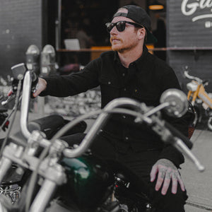 Model wearing Freeway Flannel in black