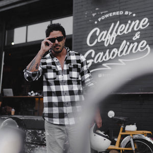 Model wearing Freeway Flannel in buffalo check