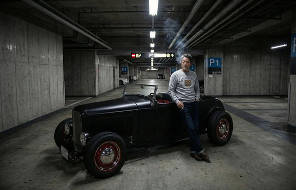 Man standing next to a classic black car in a dimly lit underground parking garage.